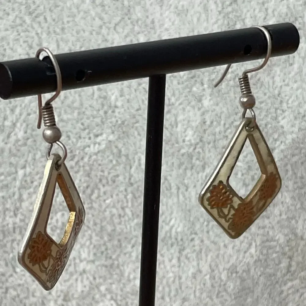 Vintage drop earrings orange peach flower diamond cloisonné